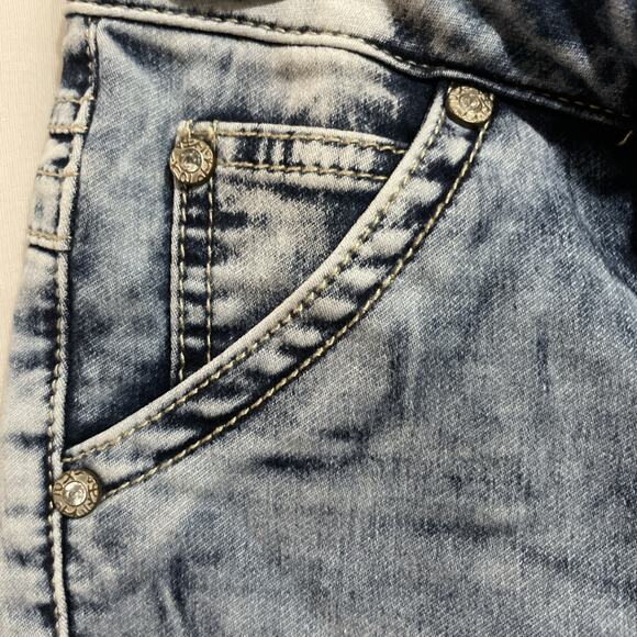 Ranbeeri Jeans Jogger 27 USA Sz 3 Button Drawstring Stretch Blue Bleached Ripped - Picture 3 of 6